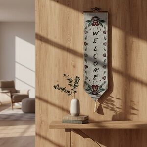 FLORAL Welcome Tapestry Banner in Cream and Burgandy